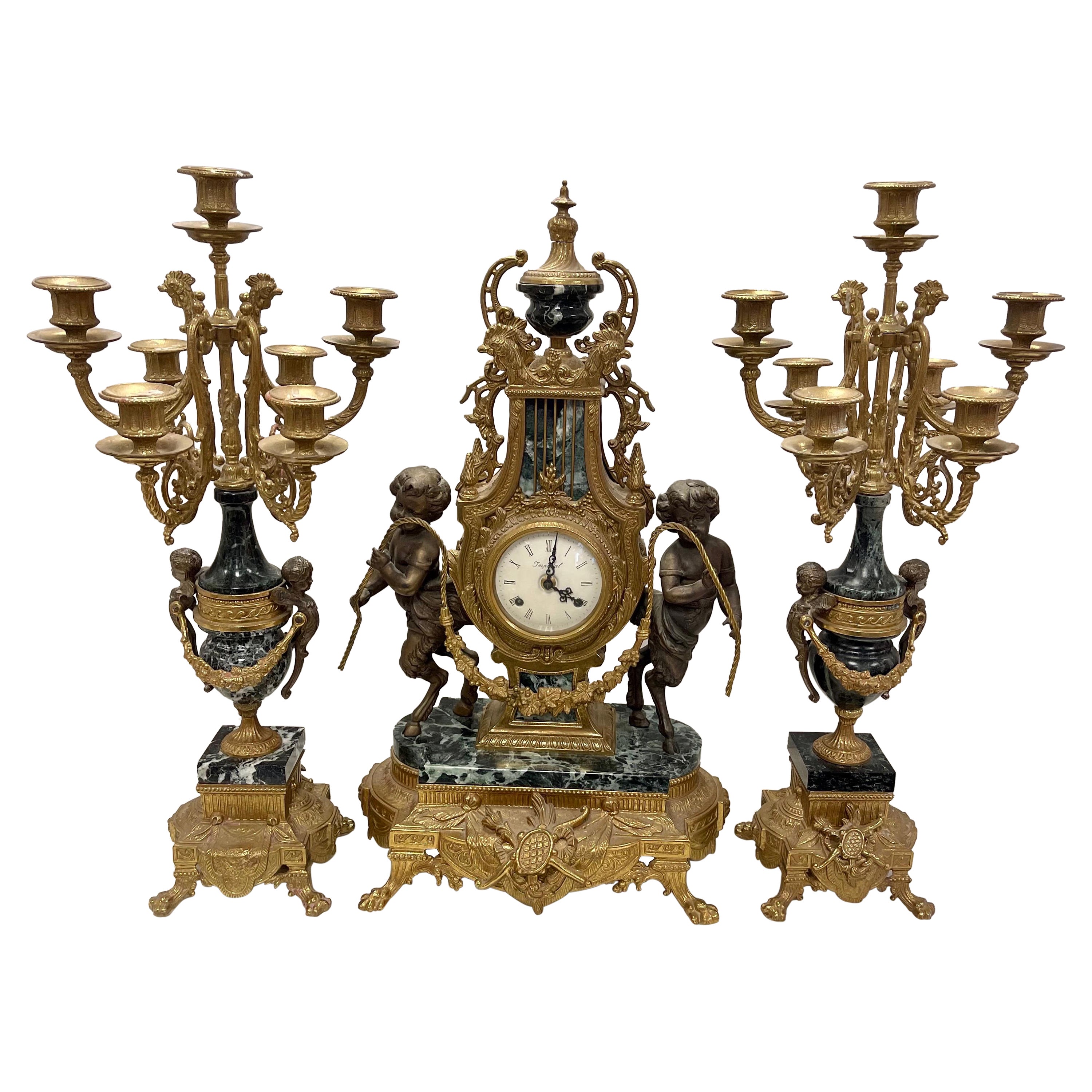 Antiques Louis XVI French Bronze and Marble Garniture Set Clock & Candelabras