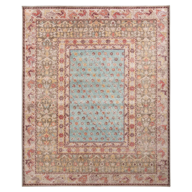 Rug & Kilim’s Distressed Style Abstract Rug in Pink and Blue All Over Pattern For Sale