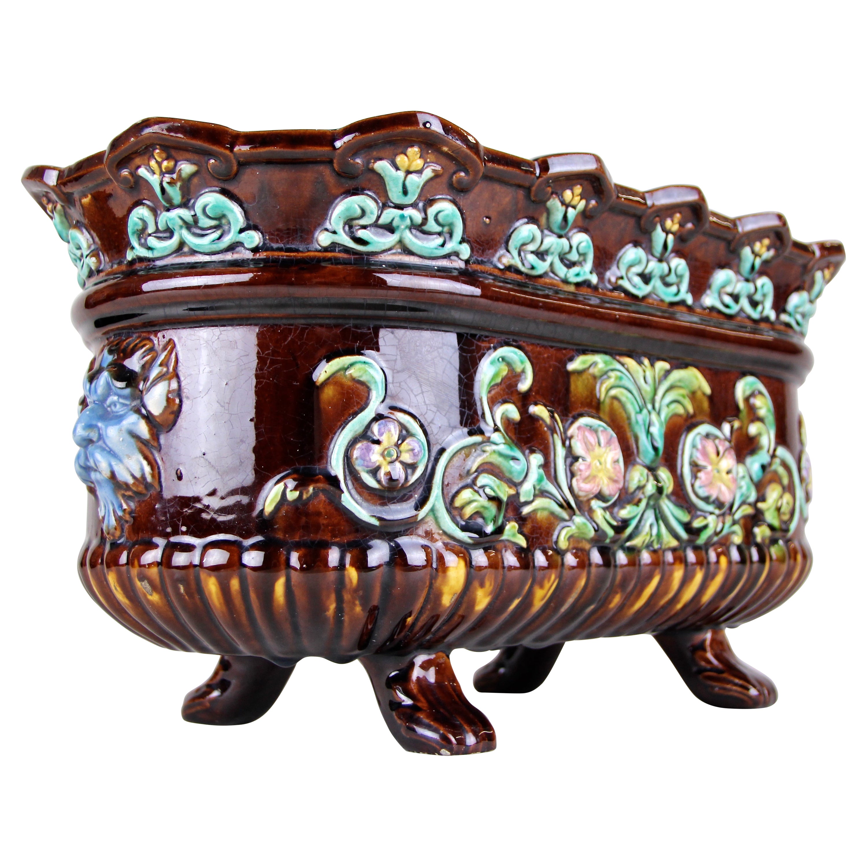 Art Nouveau Majolica Jardinière/ Cachepot Hand Painted, France, circa 1915