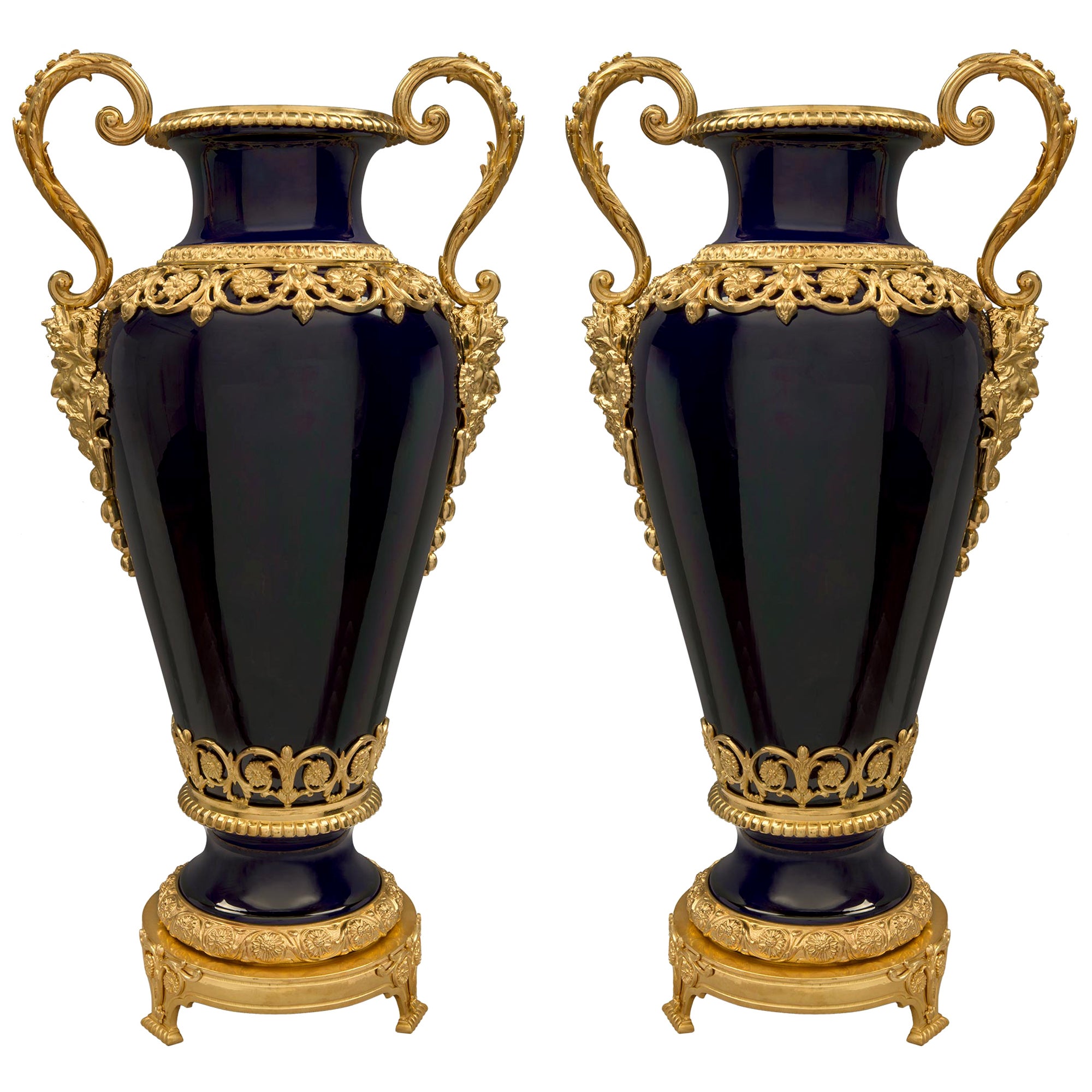 Pair of French 19th Century Louis XVI Style Sèvres Porcelain and Ormolu Vases