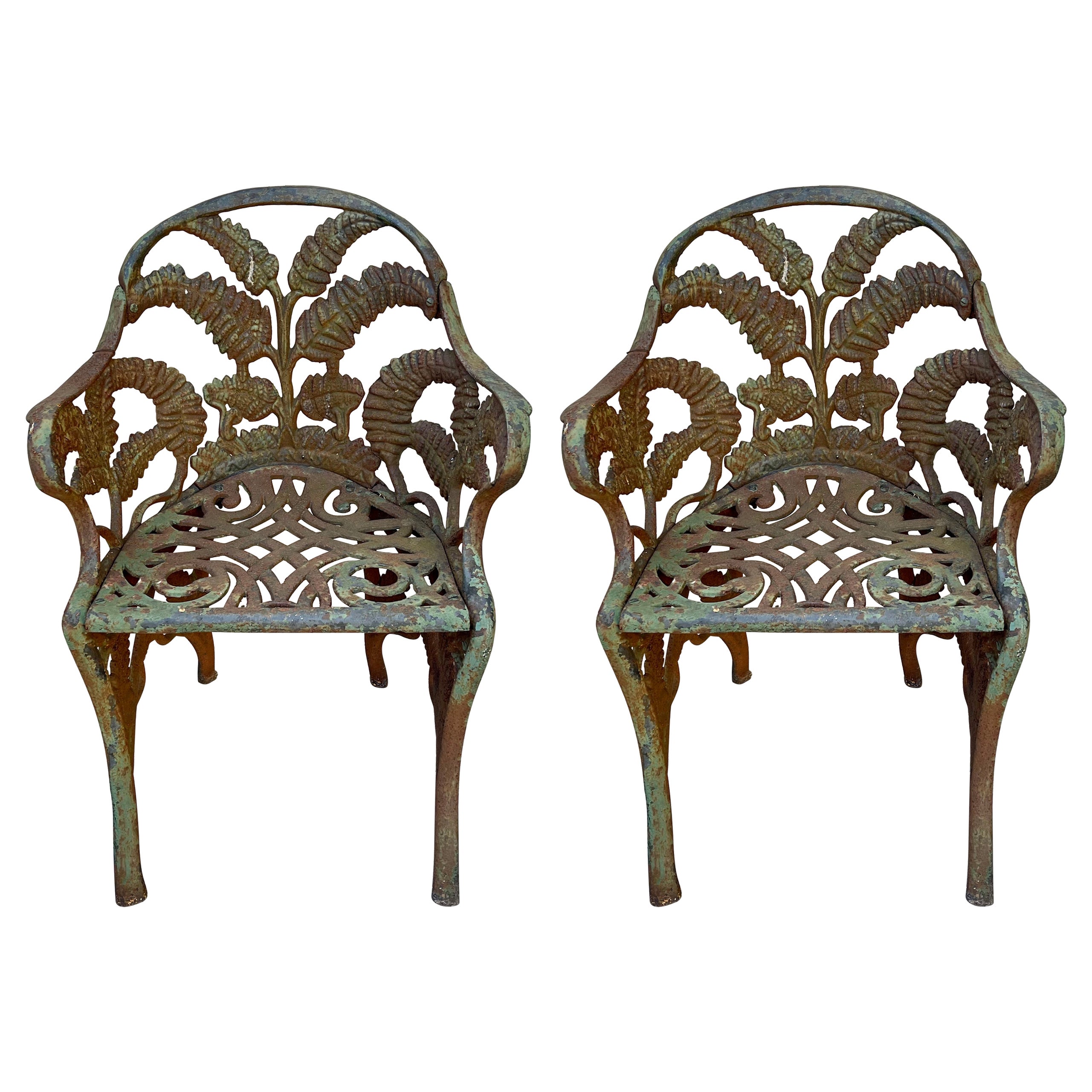 Pair of Coalbrookdale Style Fern and Blackberry Pattern Cast Iron Garden Chairs For Sale