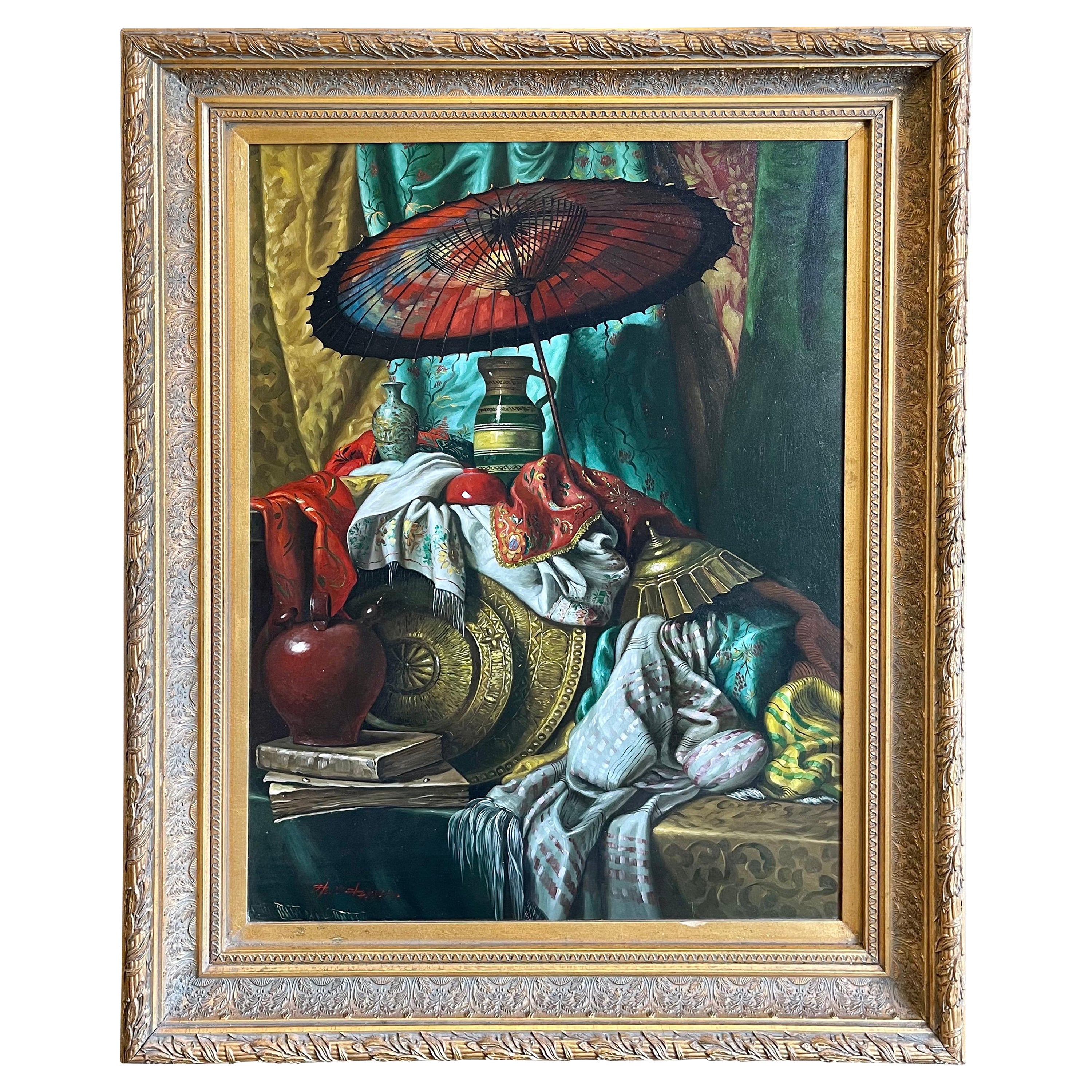 Iconic Large Original Signed Still Life Oil Painting with a Chinese Parasol