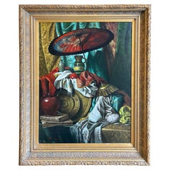 Vintage Iconic Large Original Signed Still Life Oil Painting with a Chinese Parasol