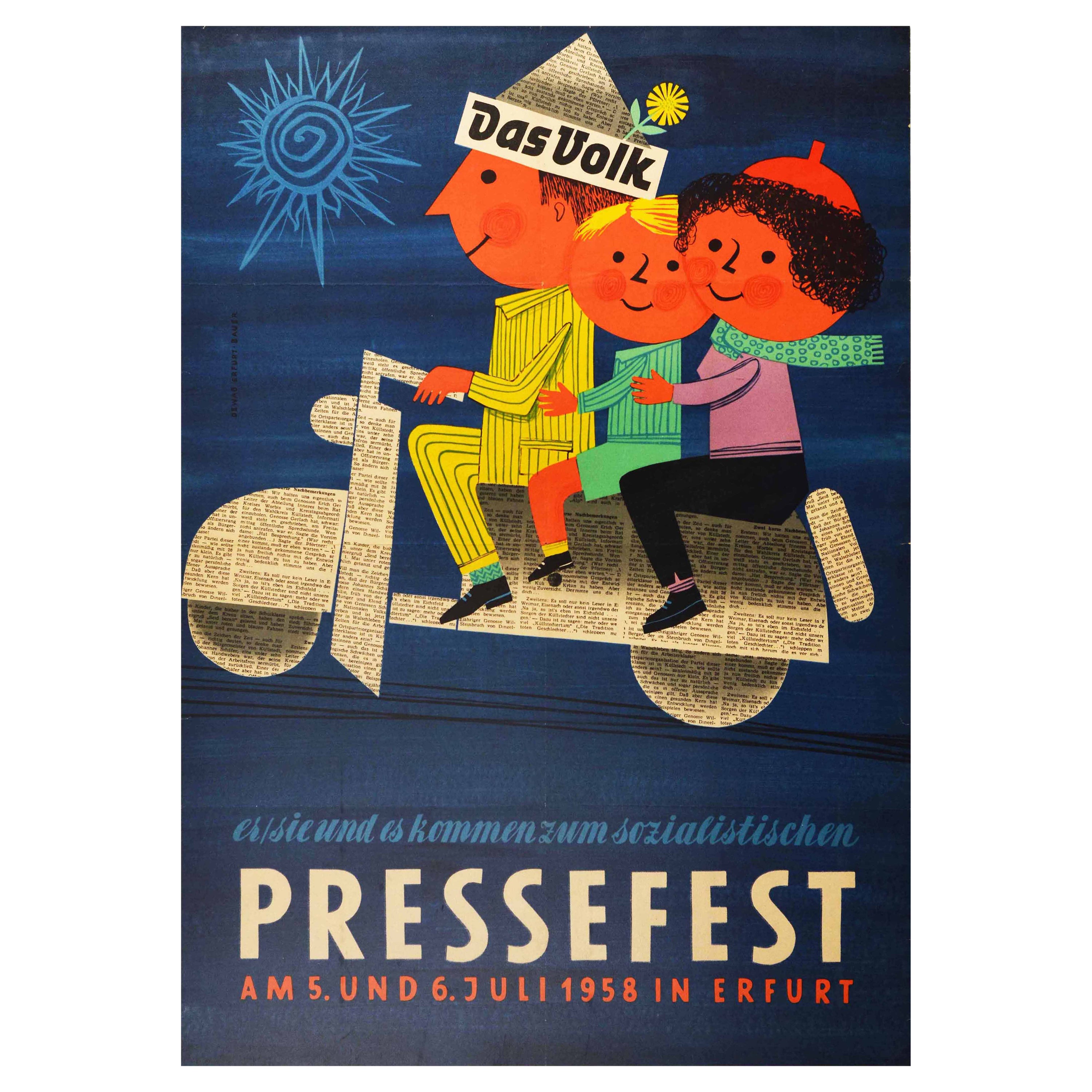Original Vintage Poster Das Volk Socialist Press Festival News Midcentury Modern For Sale