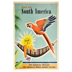 Original Vintage Poster Fly To South America Pan Am Air Travel Beach Parrot Sun