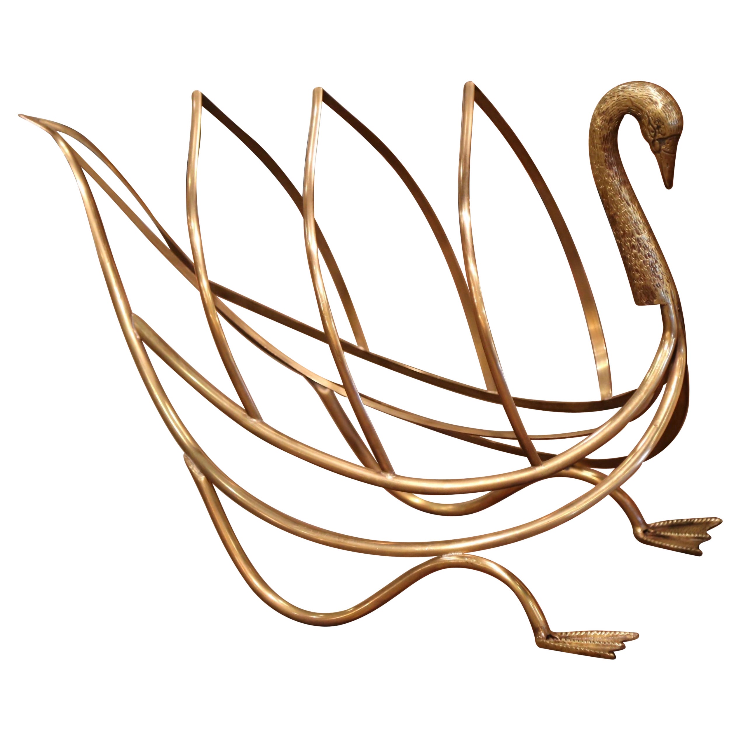 Midcentury French Brass Swan Magazine Rack from Maison Jansen For Sale