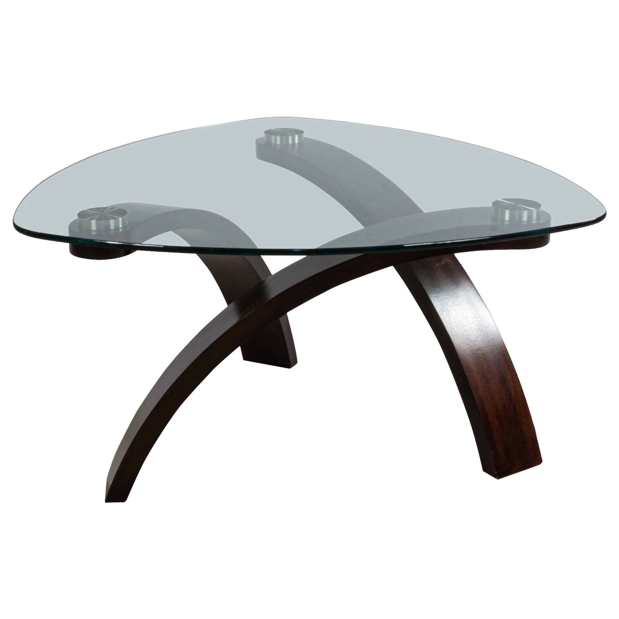 American Modern Molded Dark Wood and Glass Coffee Table For Sale