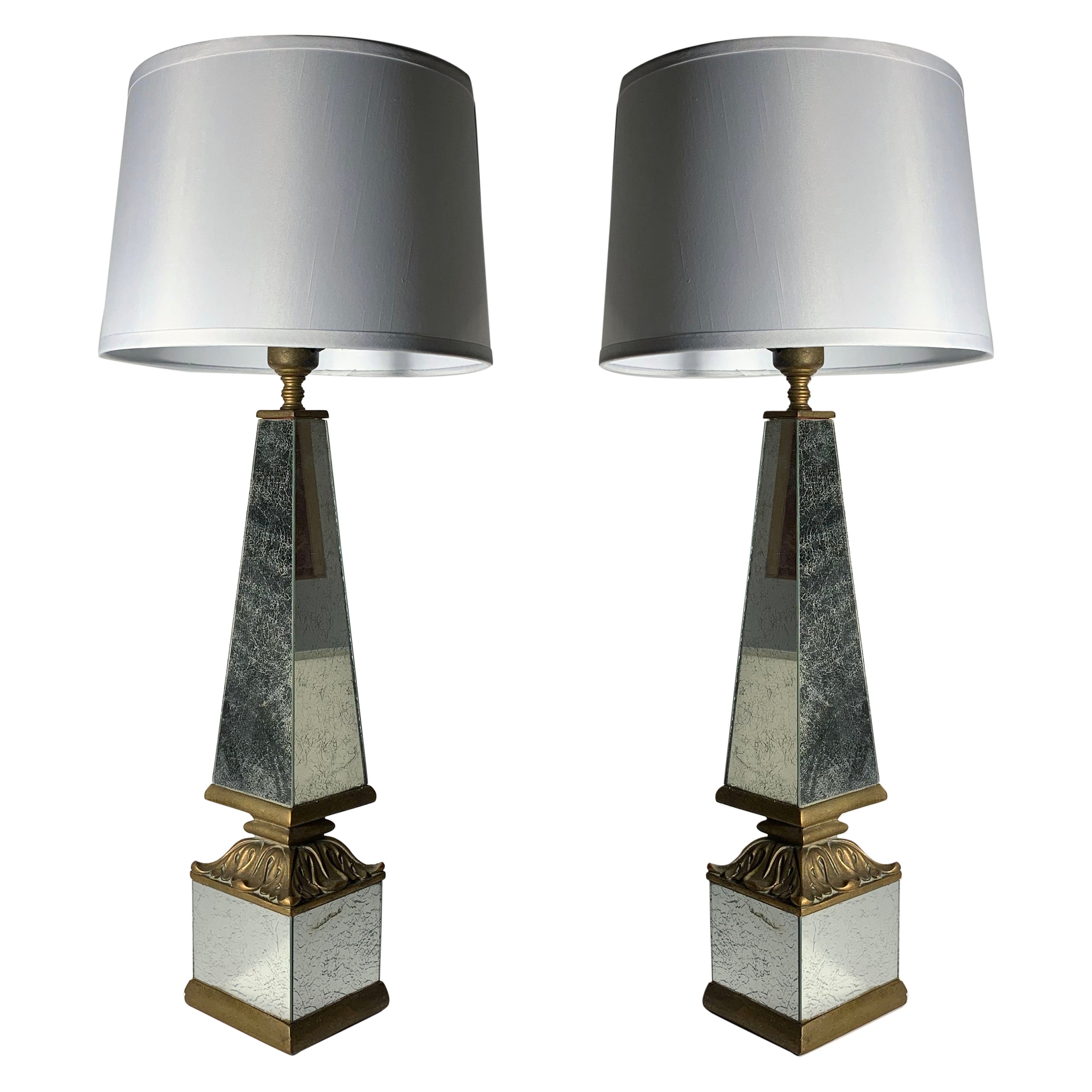 Pair of 1940s Hollywood Regency Mirrored Obelisk Form Table Lamps
