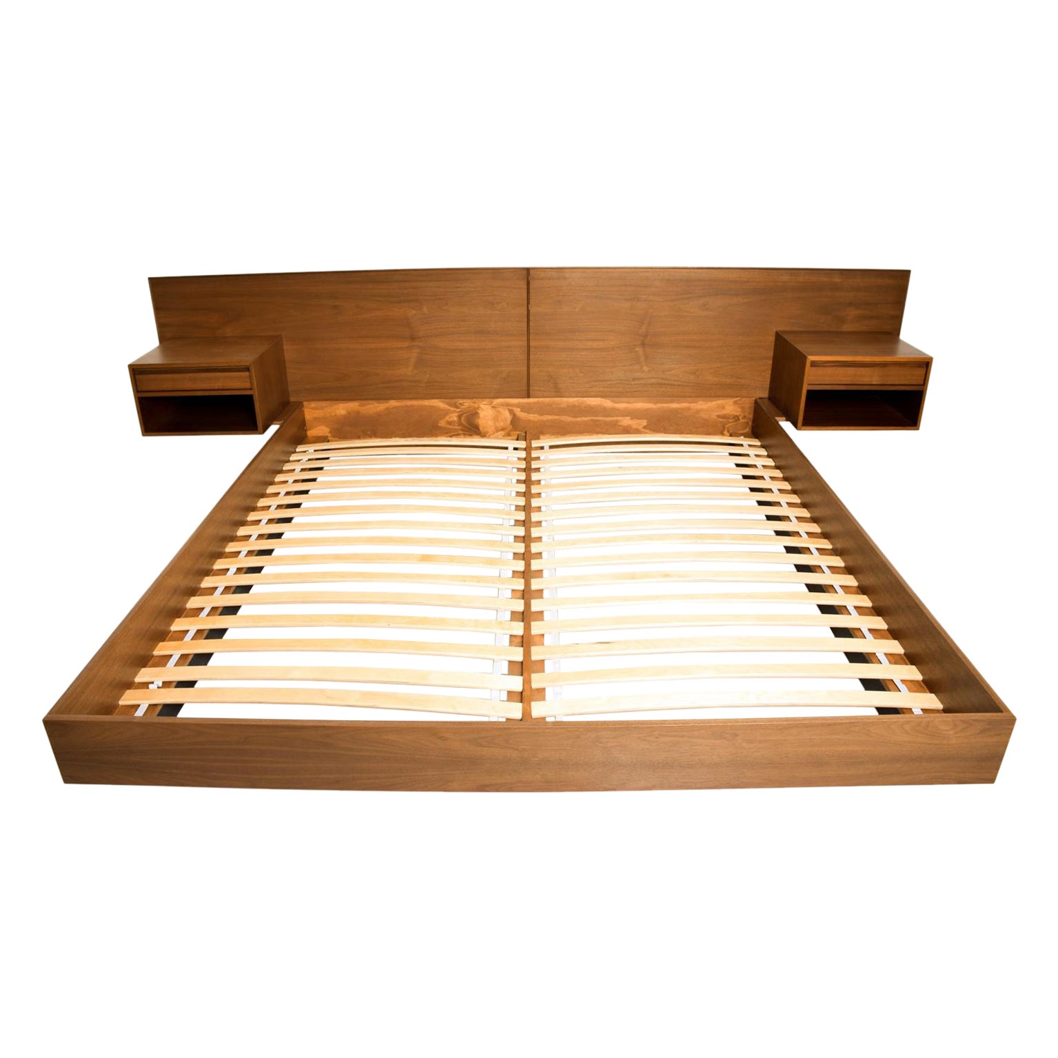 Custom Made New Danish Modern King Walnut Platform Bed with Floating Nightstands