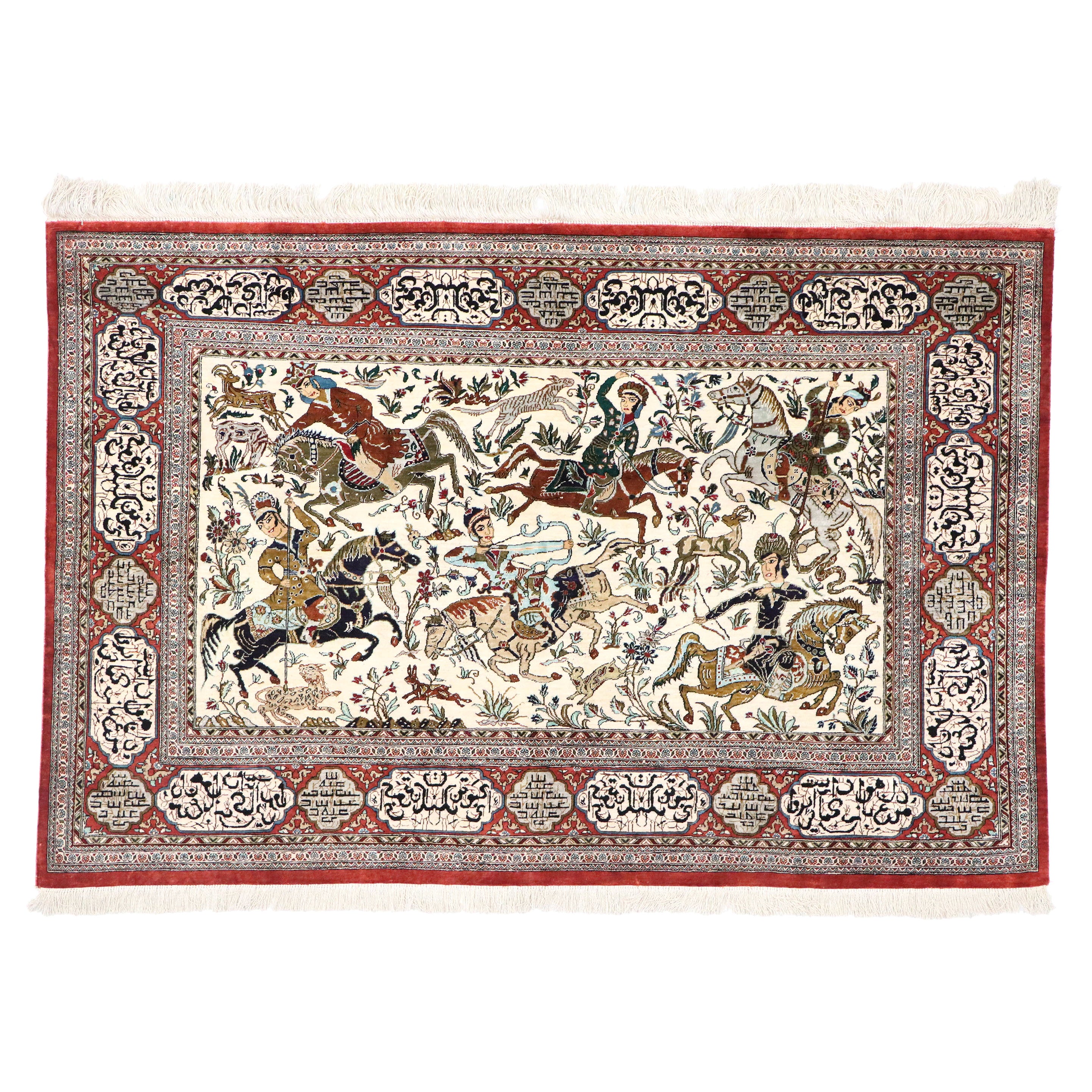 Tapis de chasse persan vintage en soie Qum de style médiéval