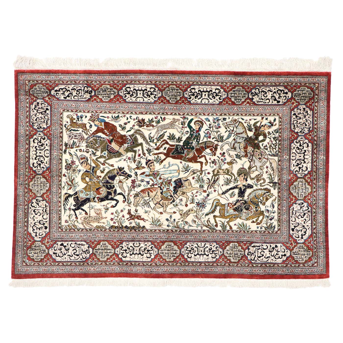 Vintage Persian Silk Qum Hunting Rug with Medieval Style For Sale at ...