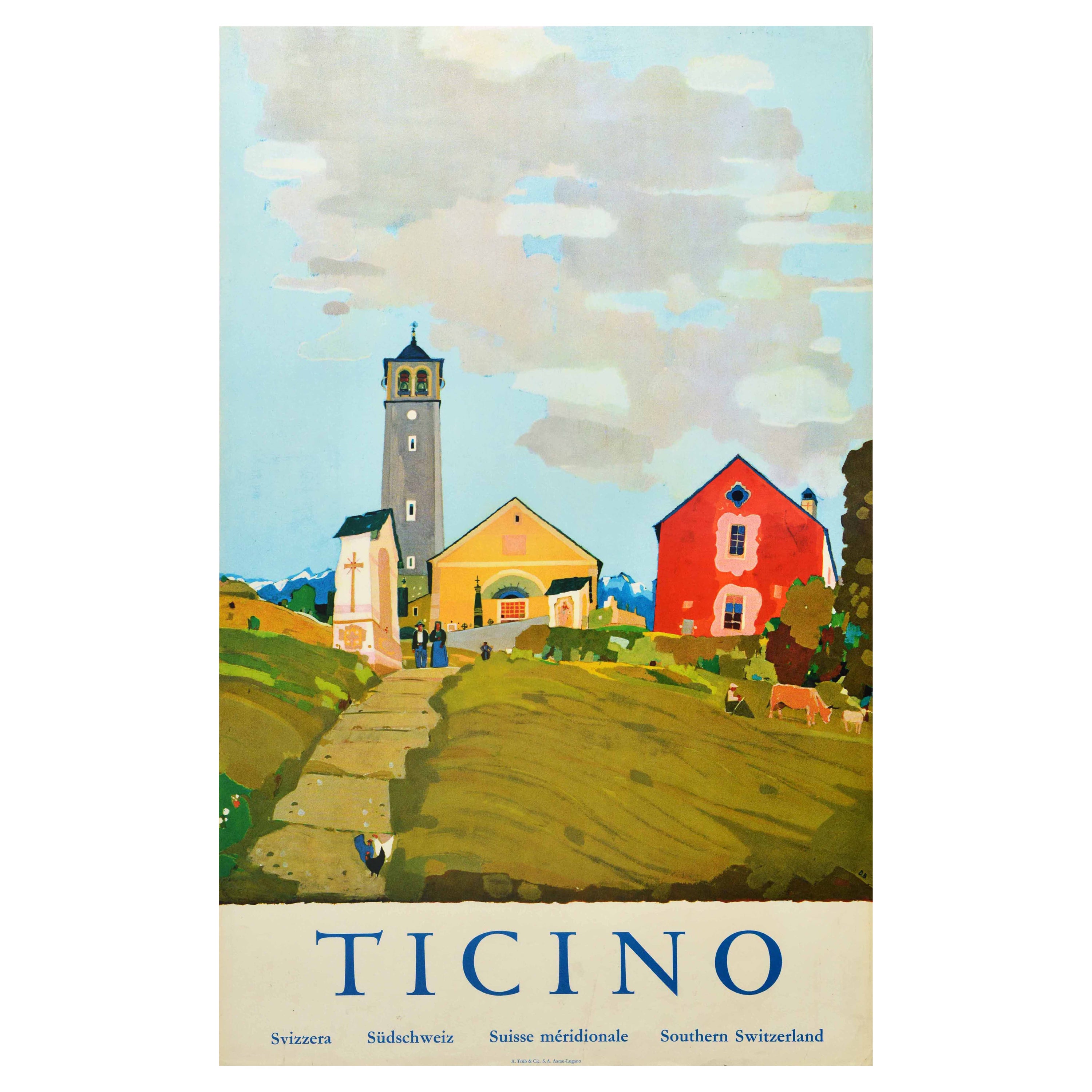Original Vintage Travel Poster Ticino Tessin Switzerland Alps Village Mountains
