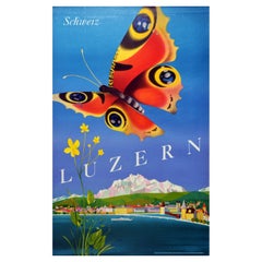 Original Vintage Poster Luzern Switzerland Travel Lucerne Lake Alps Butterfly