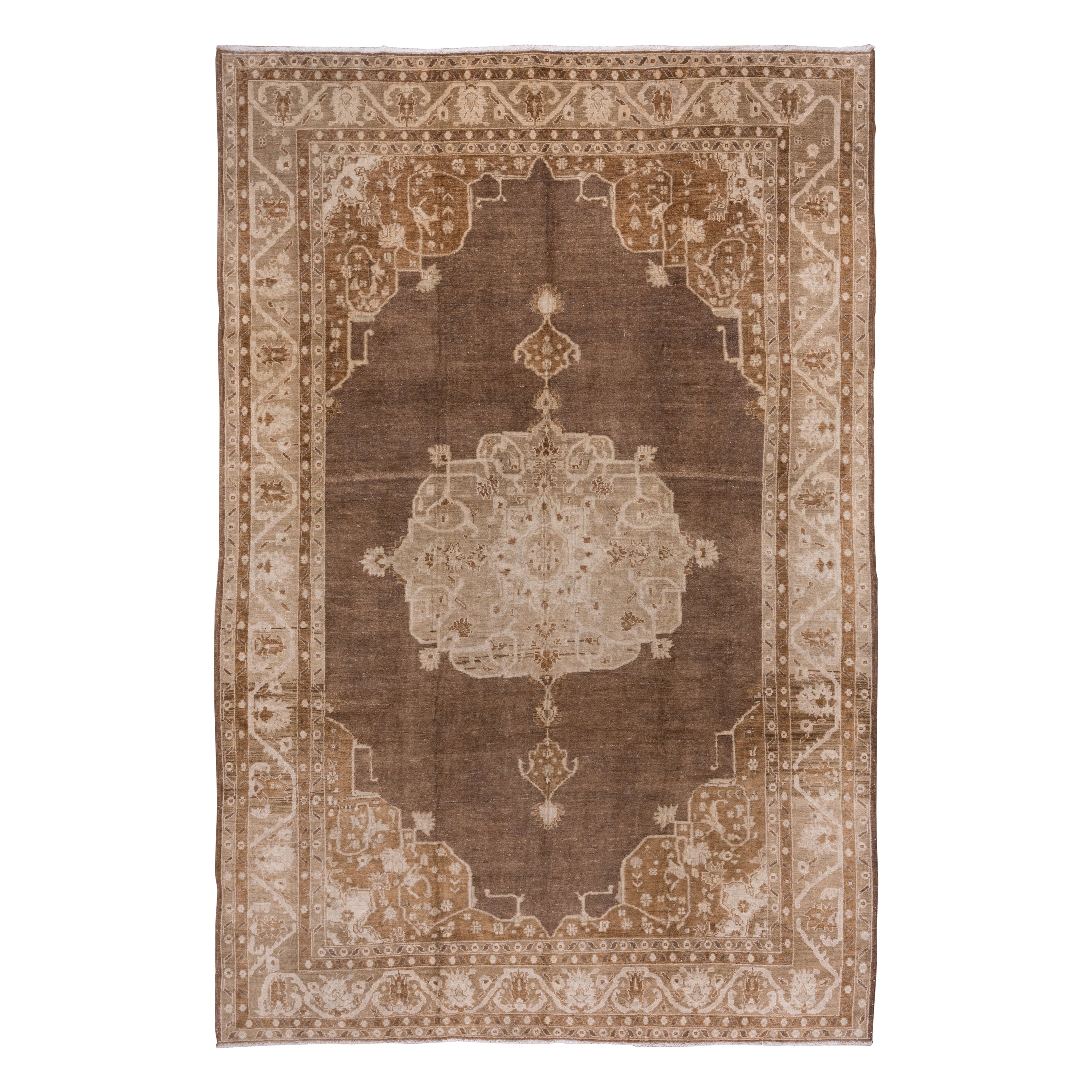 Antique Turkish Oushak Carpet, Brown Field, Light Brown Borders, Circa 1930s