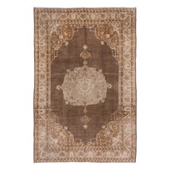 Vintage Turkish Oushak Carpet, Brown Field, Light Brown Borders, Circa 1930s