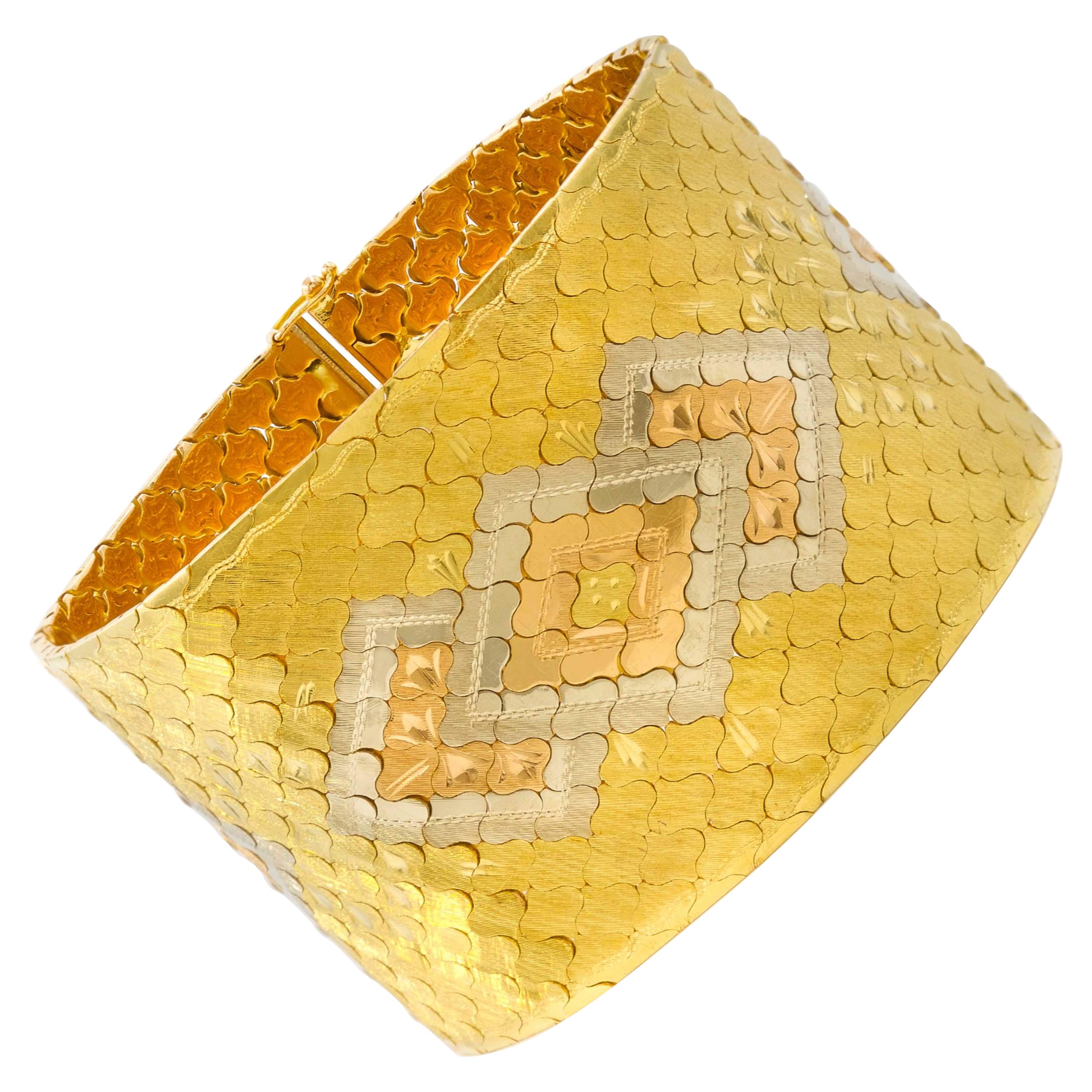 French Retro 18k Gold Honeycomb Geometric Strap-Bracelet, circa 1950s