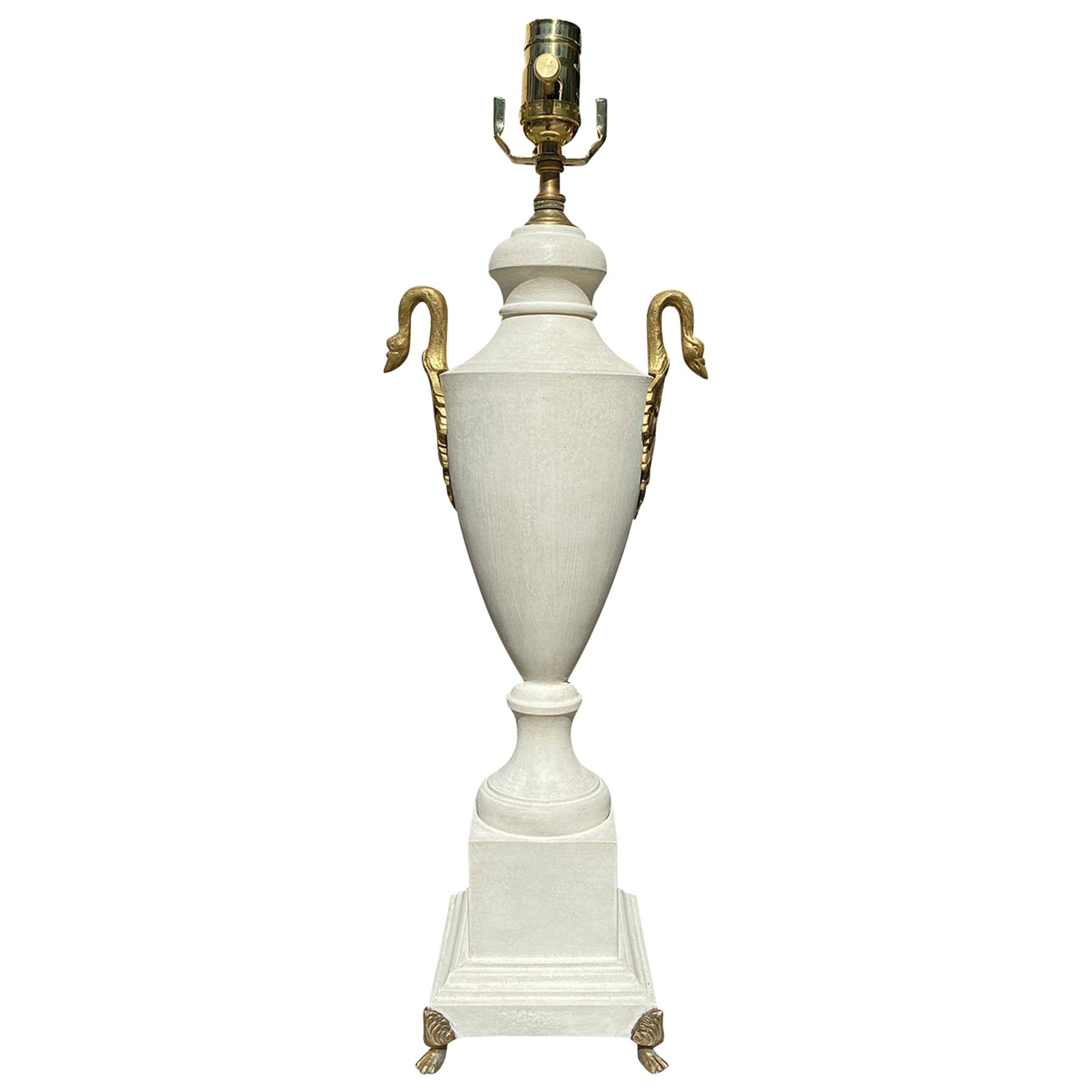 20th Century Painted Tole Urn Lamp with Swan Motif, Custom Finish For Sale