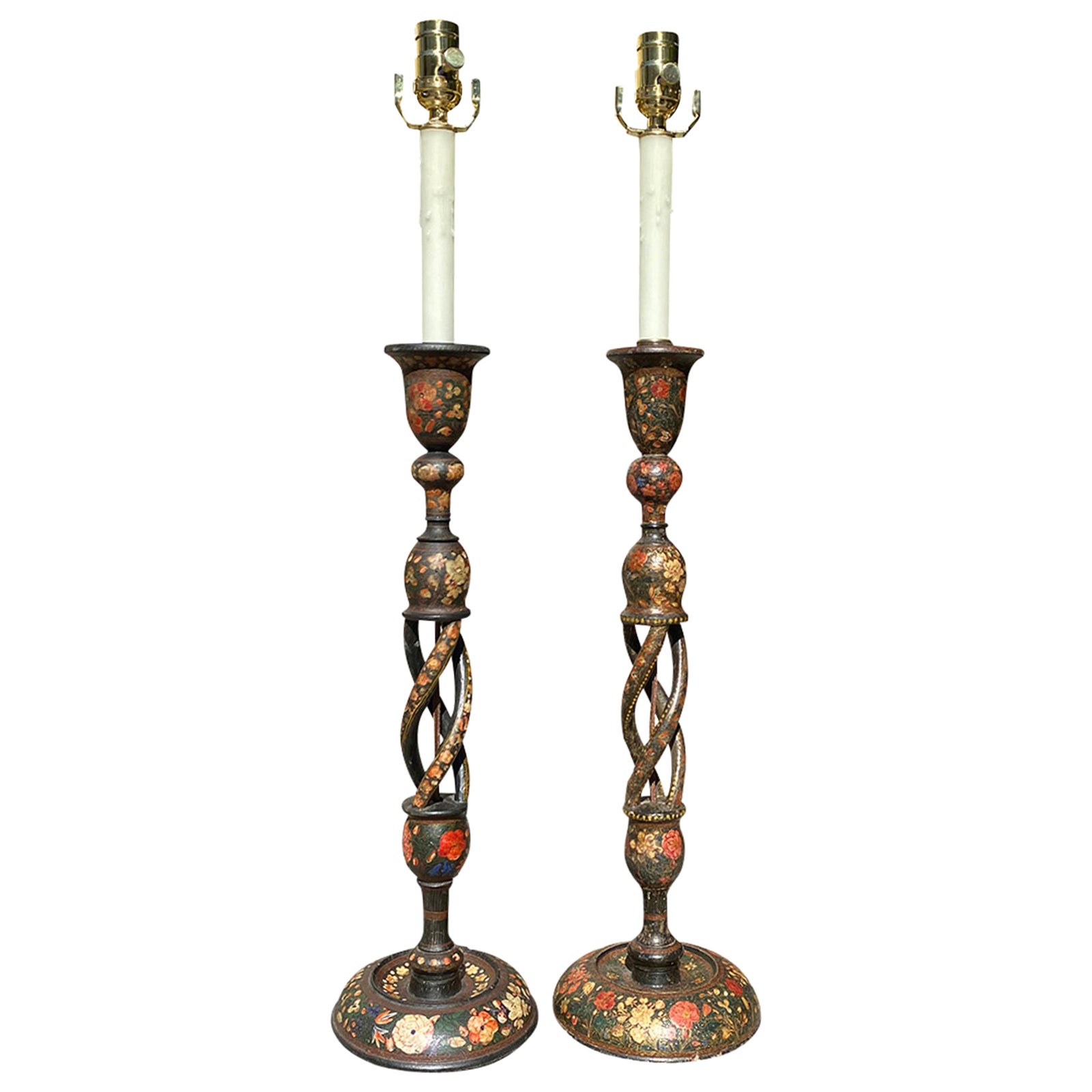 Pair of 19th-20th Century Continental Kashmiri Candlesticks as Lamps For Sale