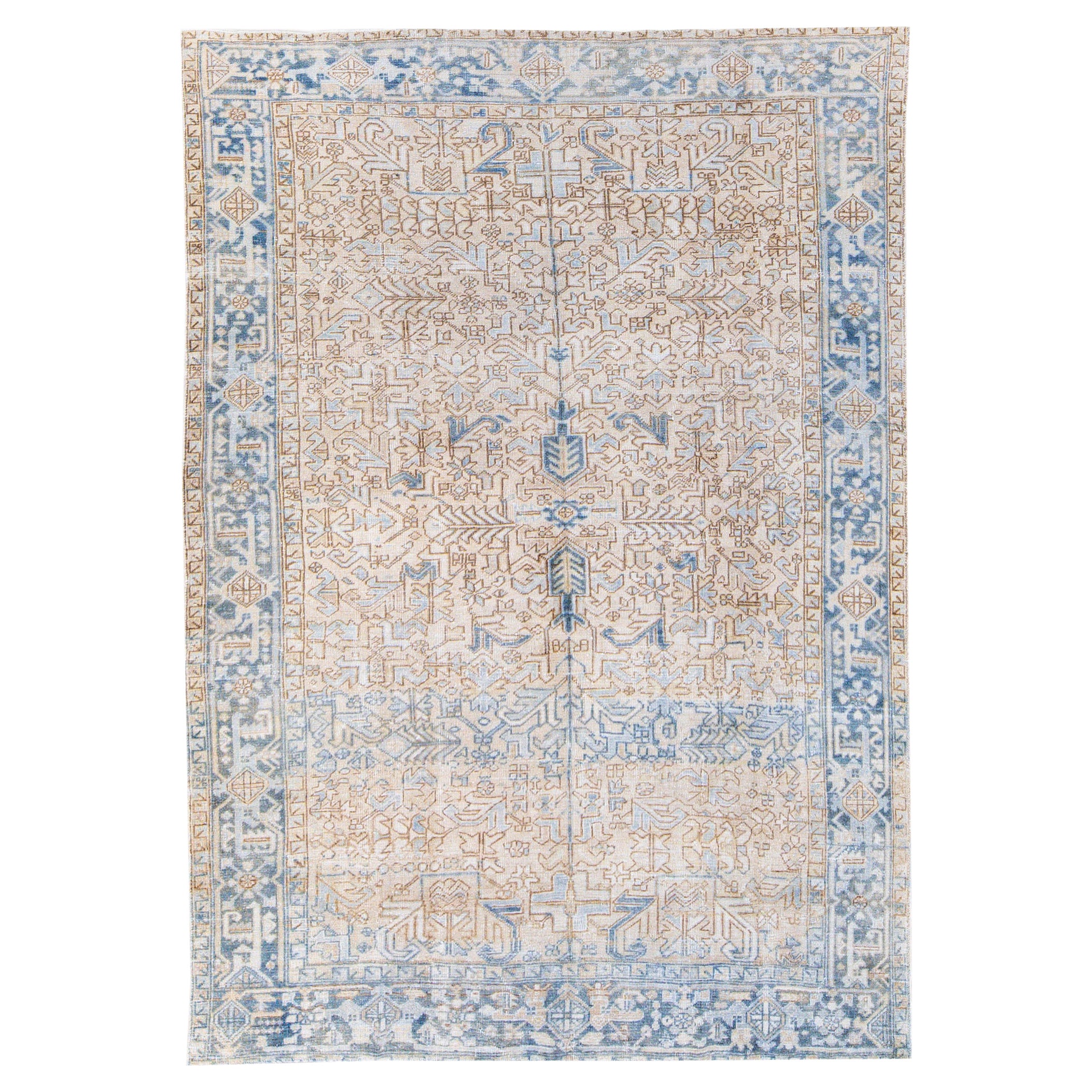 Antique Persian Heriz Handmade Allover Geometric Beige And Blue Wool Rug For Sale