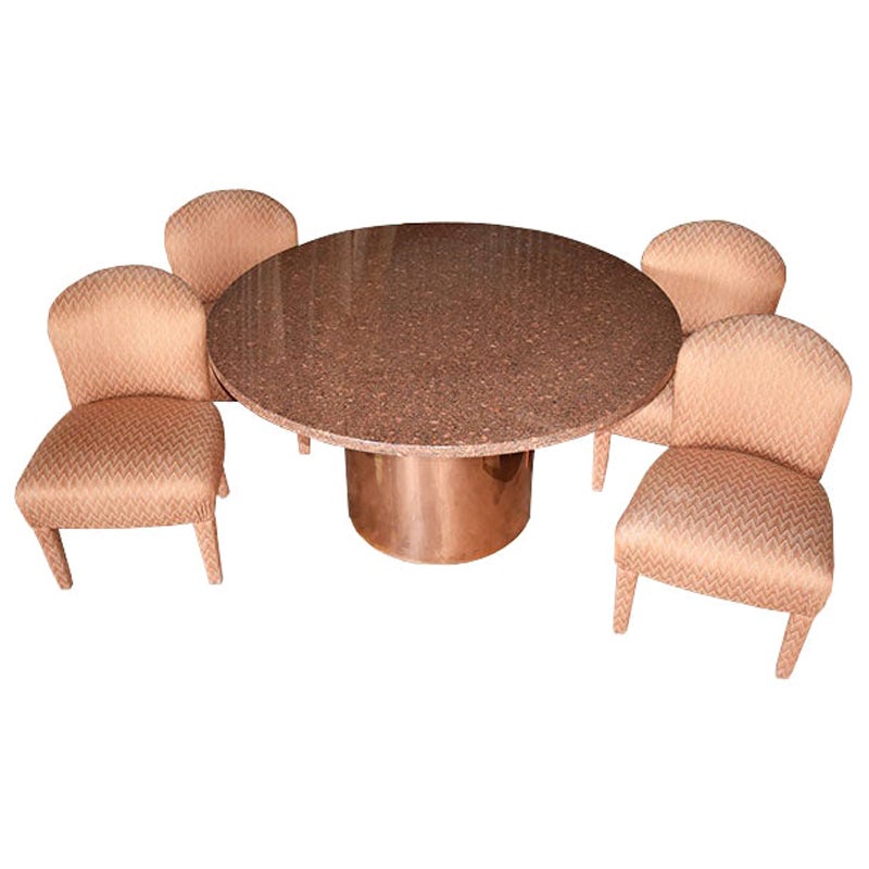 1980s Round Post Modern Pink Stone and Rose Gold Dining Set, Seats 4