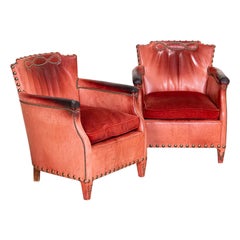 Pair, Antique Red Leather Club Chairs by Designer Otto Schultz
