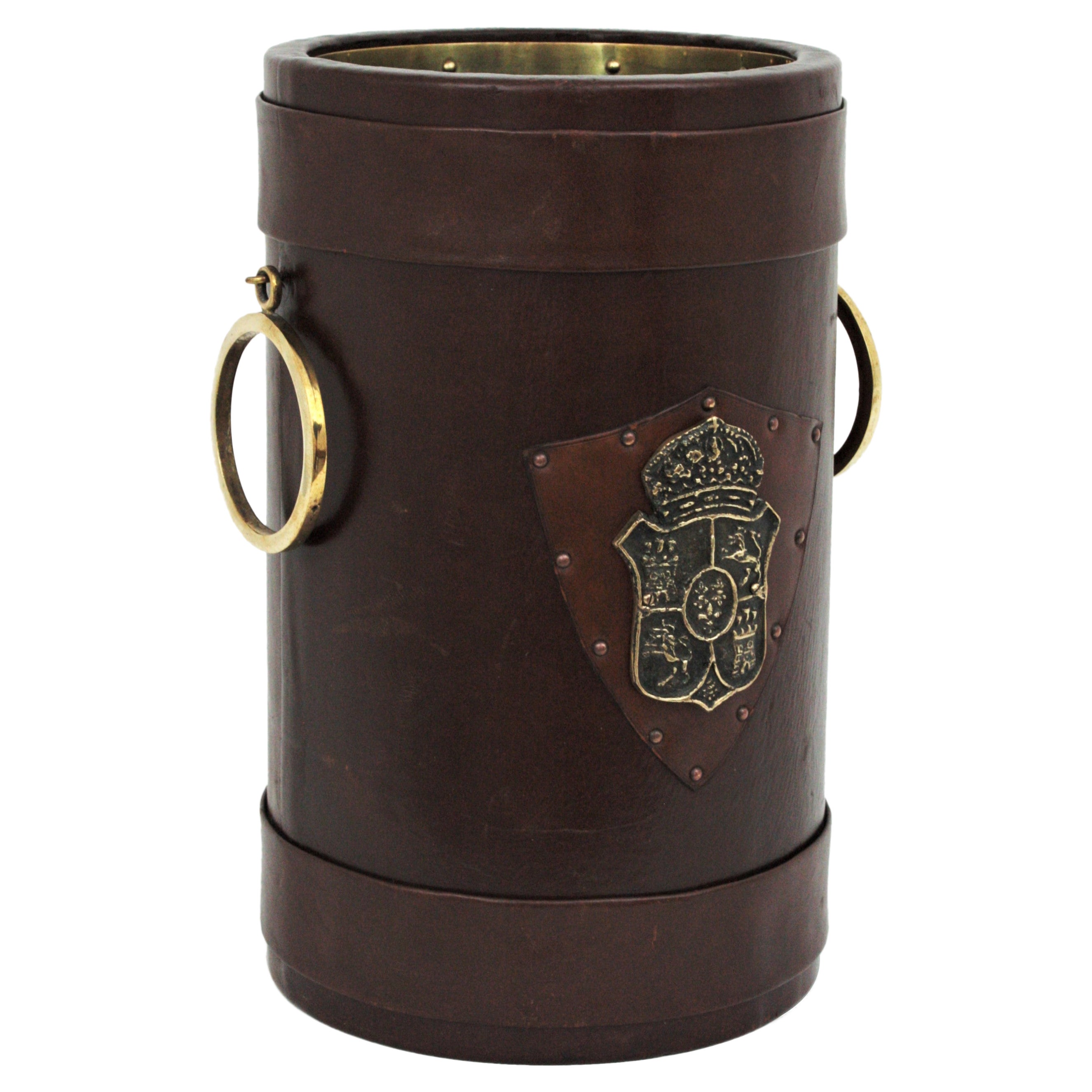 Leather and Brass Waste Basket or Umbrella Stand with Coat of Arms