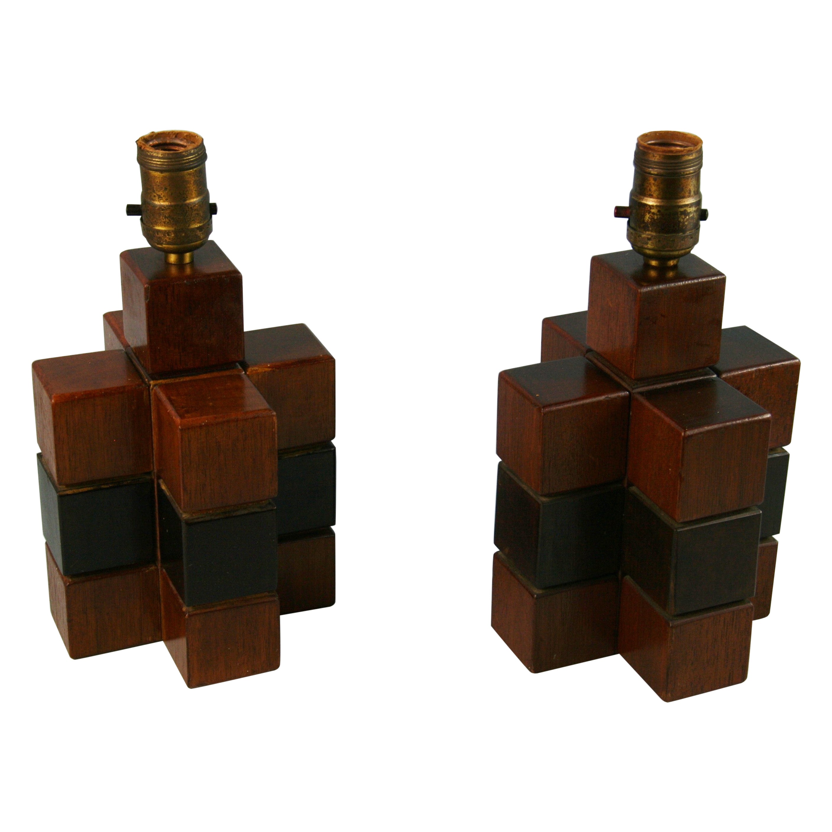 Scandinavian  Artisan Made  Pair Cube Wood Lamps 1950's