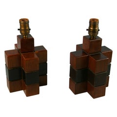 Pair Scandinavian  Artisan Made Cube Wood Lamps 1950's