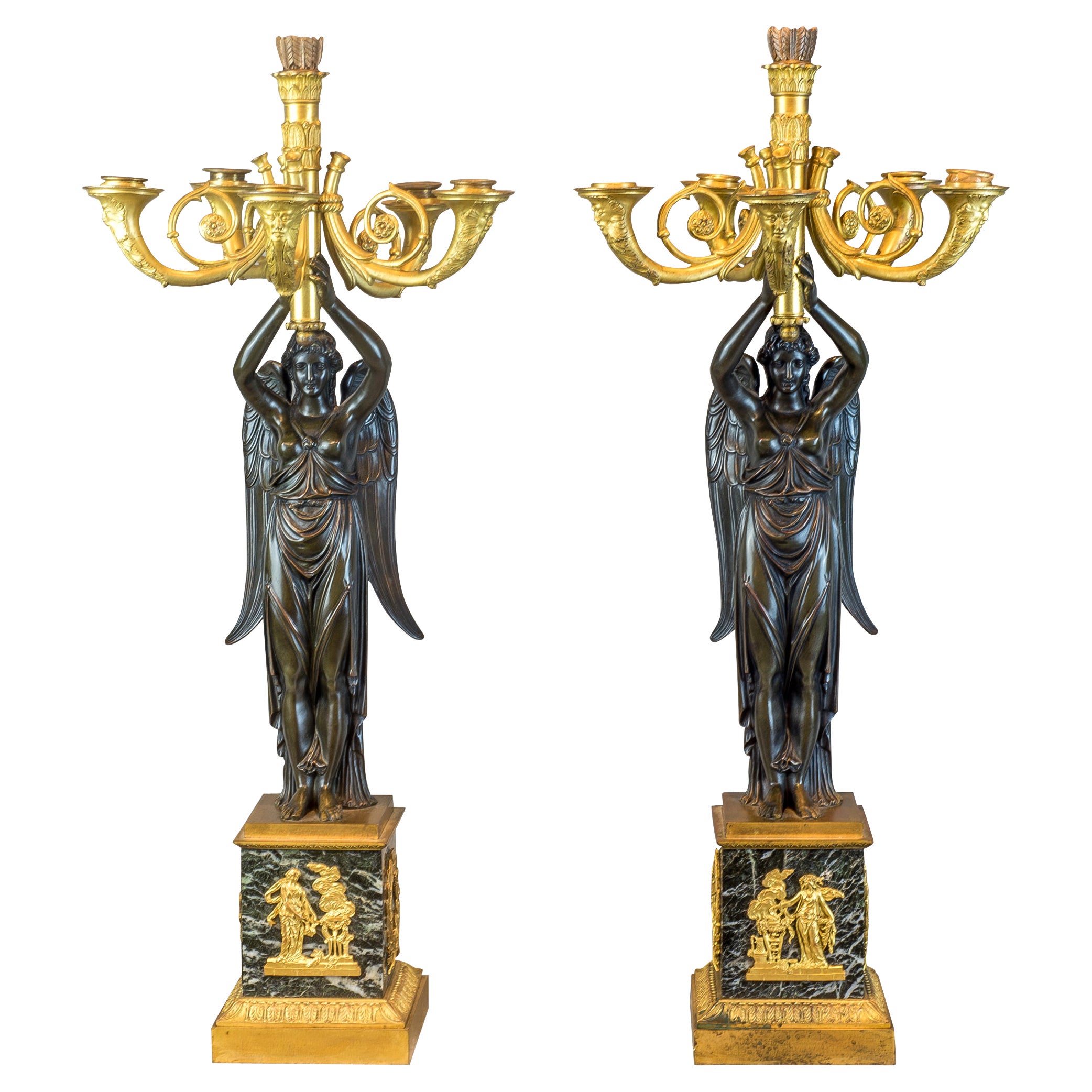  Pair of Empire Gilt and Patinated Bronze Six-Light Figural Candelabras