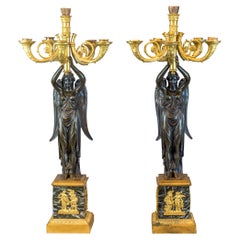  Pair of Empire Gilt and Patinated Bronze Six-Light Figural Candelabras