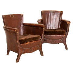 Pair of Antique Brown Leather Otto Schulz Small Scale Club Chairs