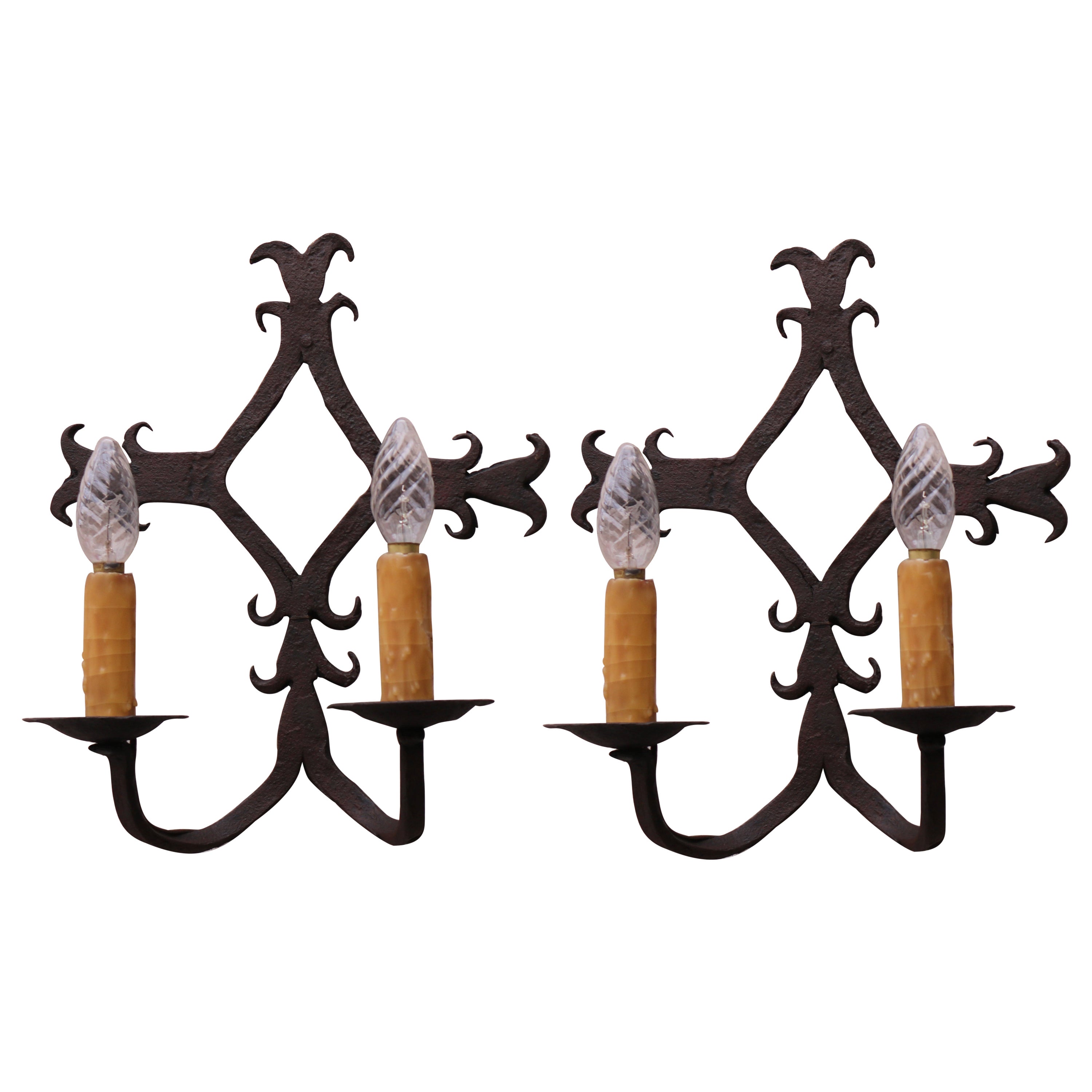 Antique French Wrought Iron Wall Lights / Sconces Spanish Style 1900 Arts Crafts For Sale