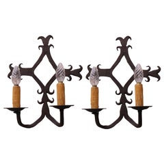 Antique French Wrought Iron Wall Lights / Sconces Spanish Style 1900 Arts Crafts