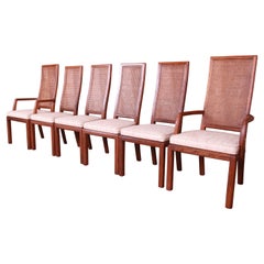 Retro Henredon Mid-Century Modern Oak and Cane High Back Dining Chairs, Set of Six
