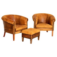Set of Authentic Small Scale Vintage Leather Club Chairs with Matching Ottoman
