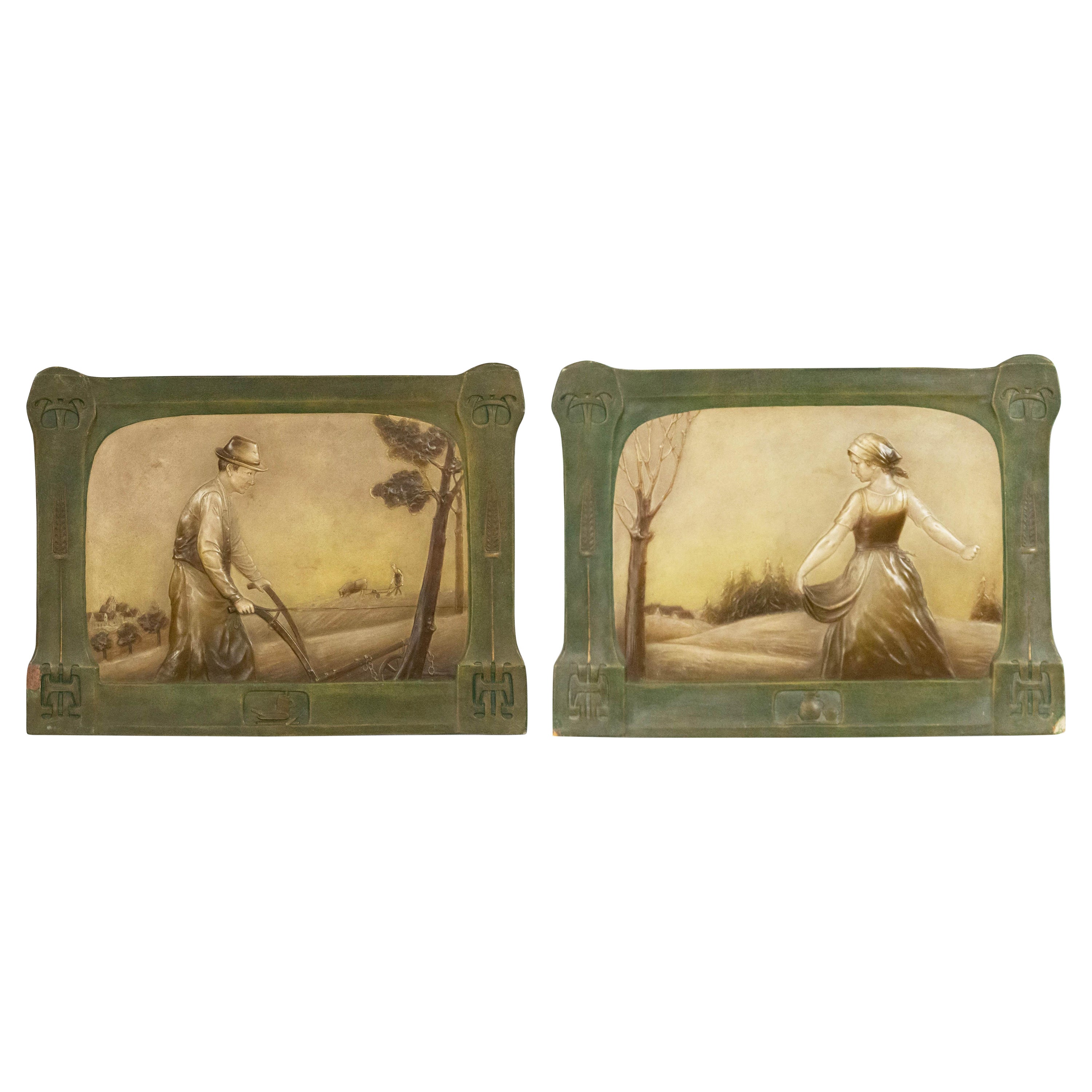 Pair of American Mission Green Porcelain Wall Plaques For Sale