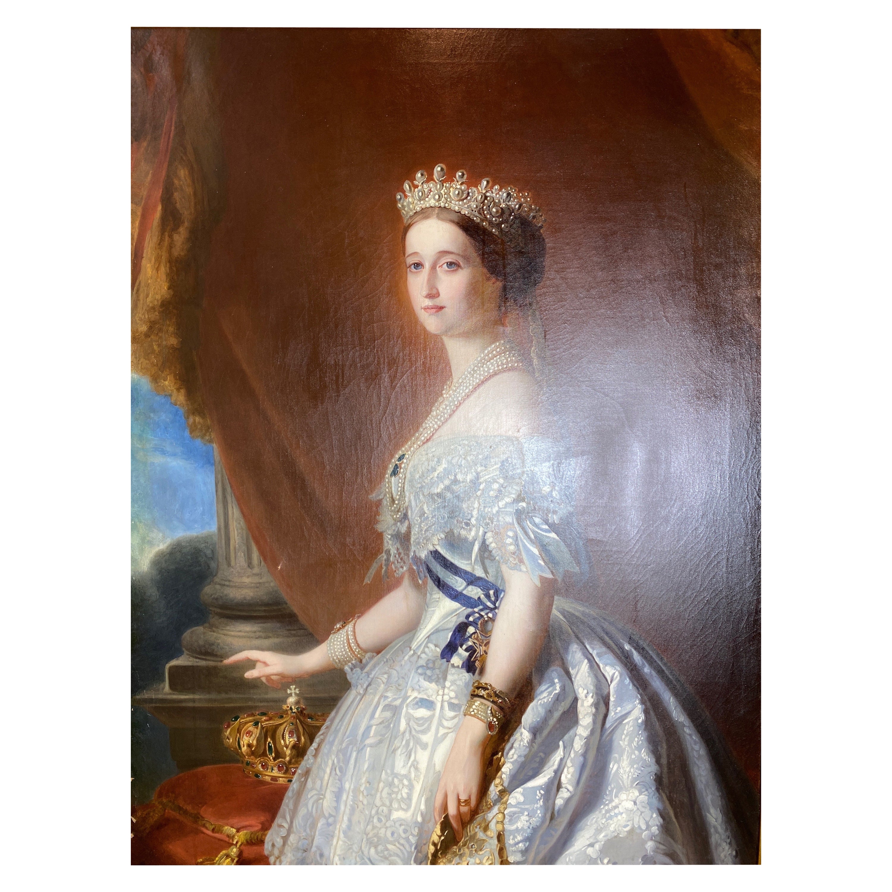 Huile sur toile allemande du XIXe siècle représentant l'impératrice Eugénie en robe de cour blanche