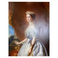 Huile sur toile allemande du XIXe siècle représentant l'impératrice Eugénie en robe de cour blanche