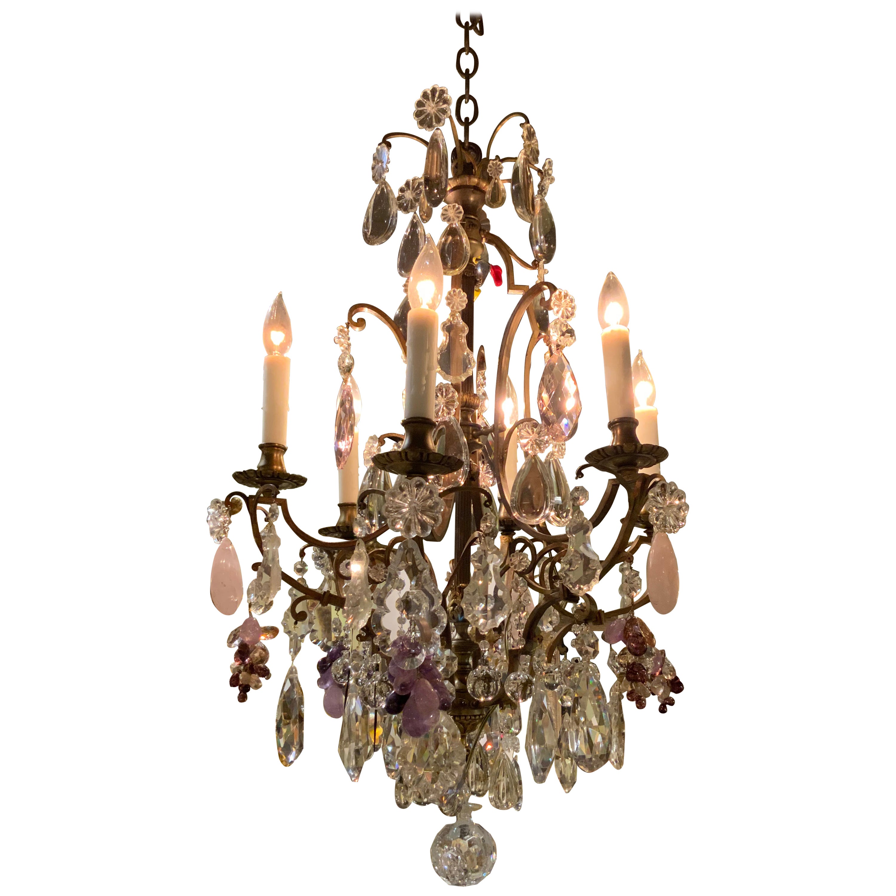 French Gilt Bronze Chandelier, Pink Quartz, Amythest, Rock, and Clear Crystal
