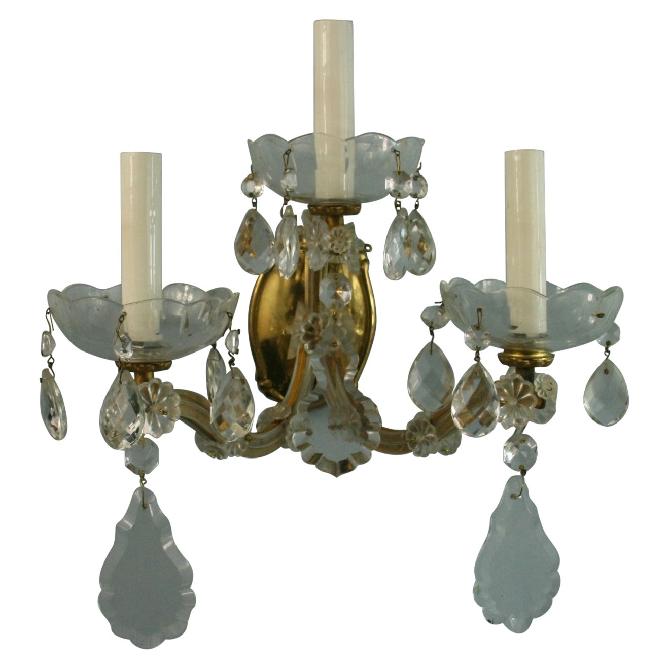 Pair Three Light Maria Theresa Crystal and Brass Sconces For Sale