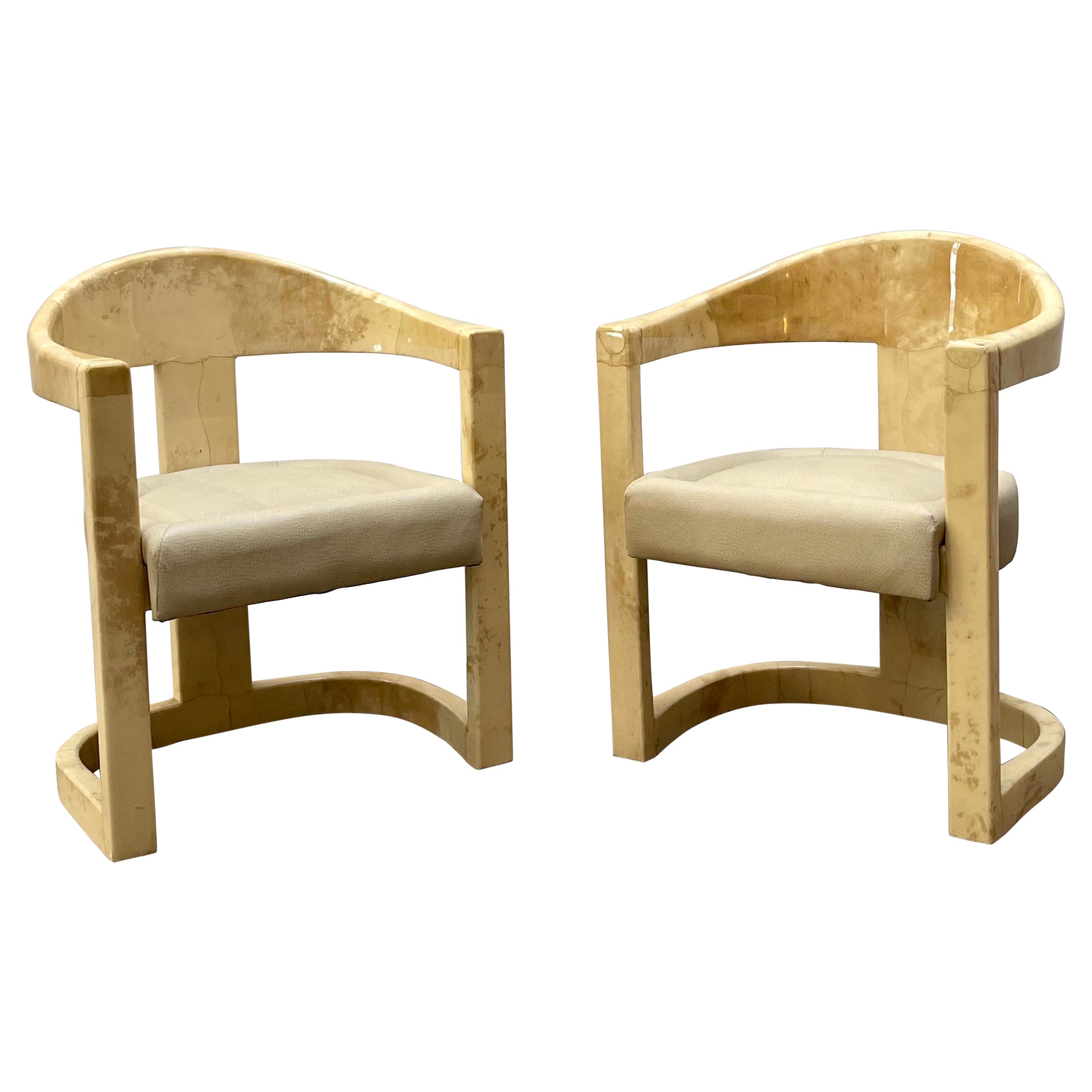 Karl Springer Pair of "Onassis Chairs" in Lacquered Goatskin, 1970s