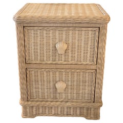 Retro Palm Beach Wicker Nightstand Chest of 2 Drawers Shell Pulls