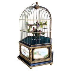 Antique 19th C. Triple Singing Automaton Singing Birds Gilt Mechanical Antiques Birdcage
