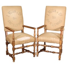 Pair French Carved Walnut Louis XIV Style Armchairs with French Upholstery 