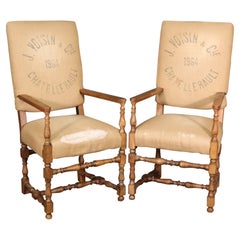 Pair French Carved Walnut Louis XIV Style Armchairs with French Upholstery