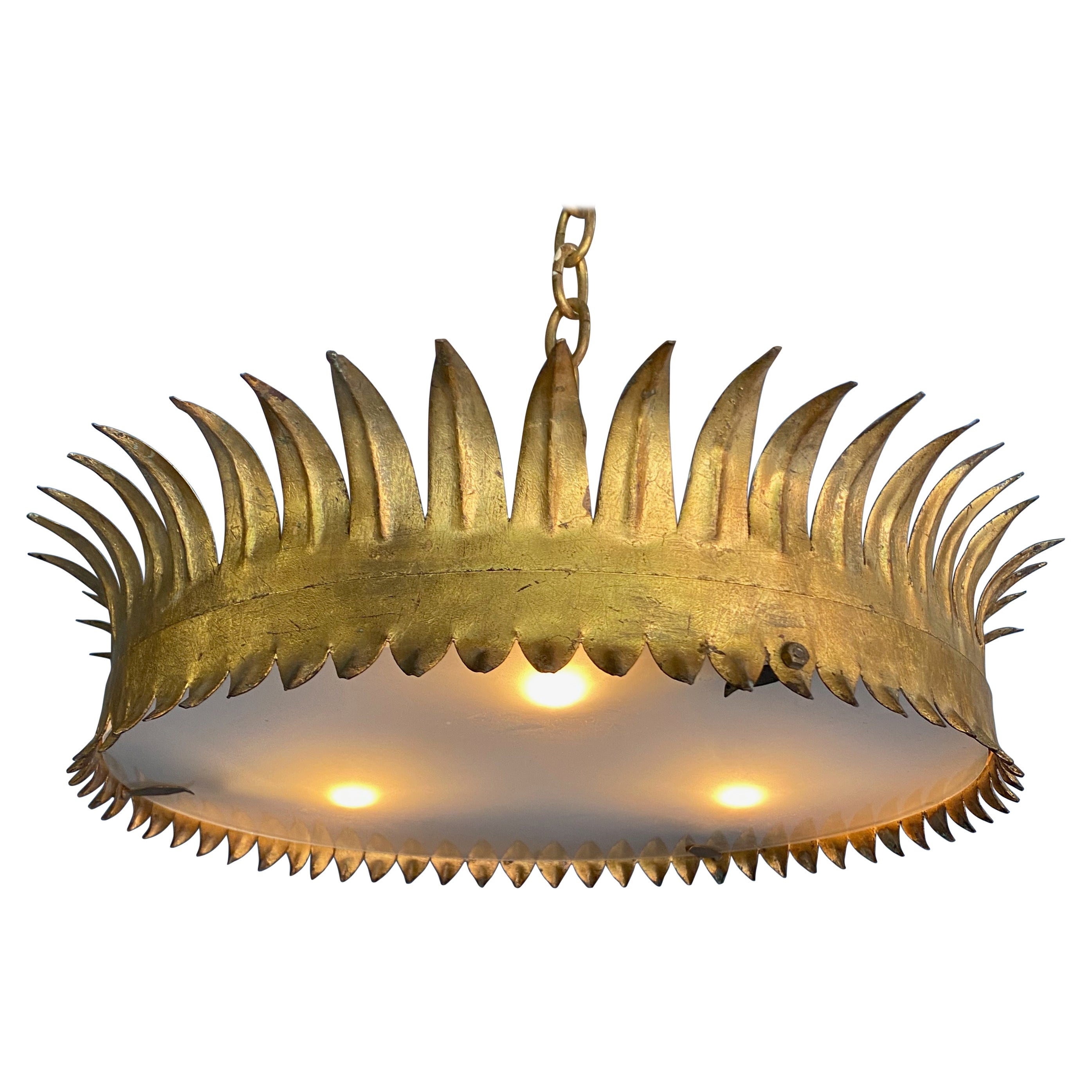 Large Gilt Metal Crown Sunburst Ceiling Fixture