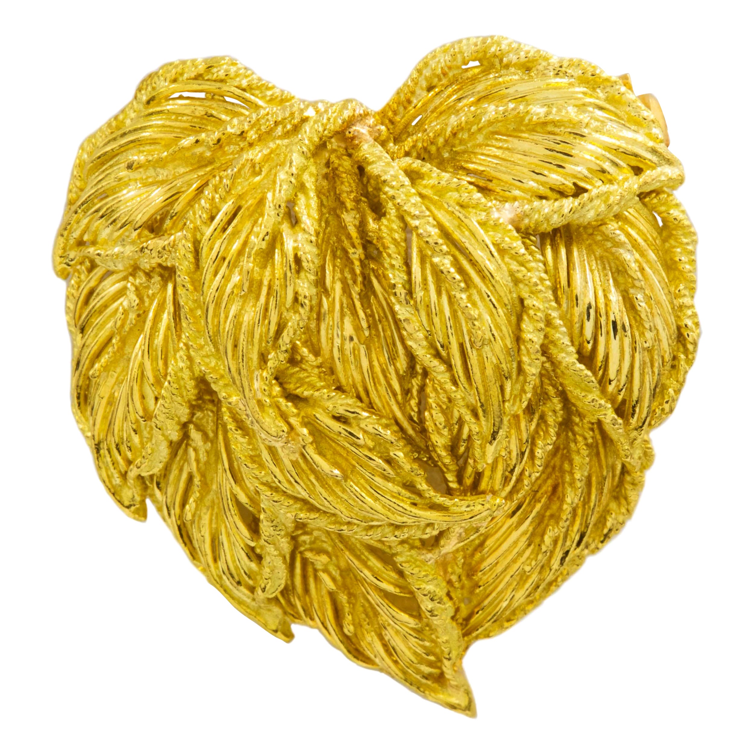 Vintage Mid-Century Modern Italian 18k Yellow Gold Leaf-Cluster Heart Brooch For Sale