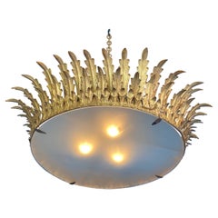 Very Large Gilt Metal Crown Sunburst Ceiling Fixture