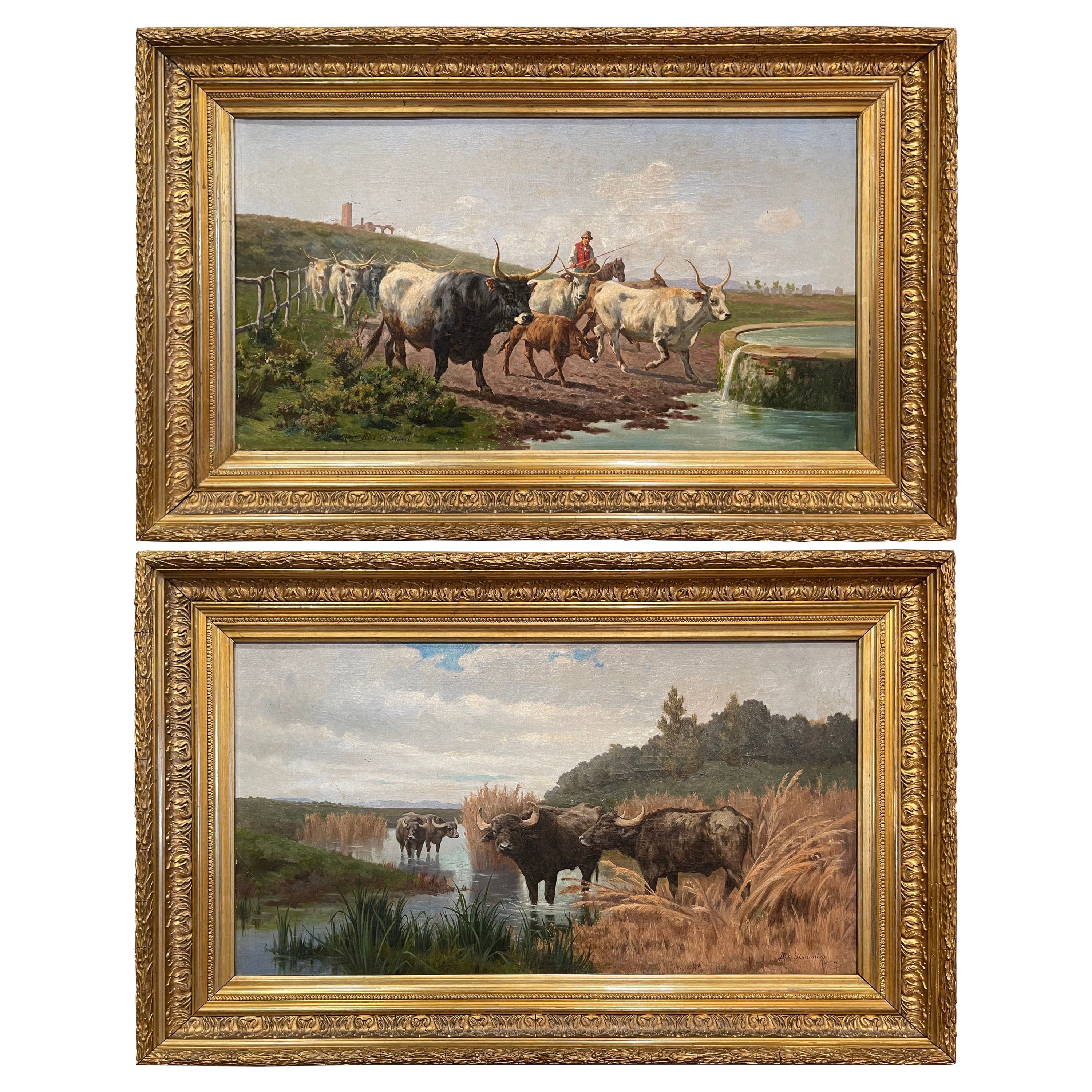 Pair of 19th Century Framed Oil on Canvas Cow Paintings Signed A. de Simoni