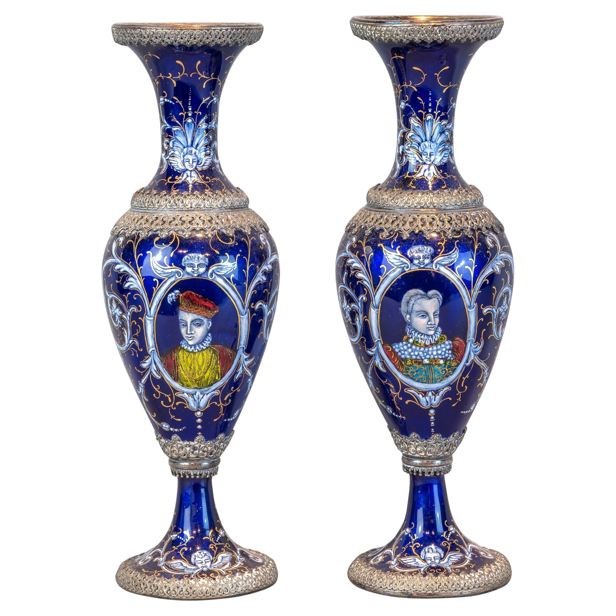 Fine Pair of Elaborate Viennese Silvered Enamel Portrait Vases For Sale